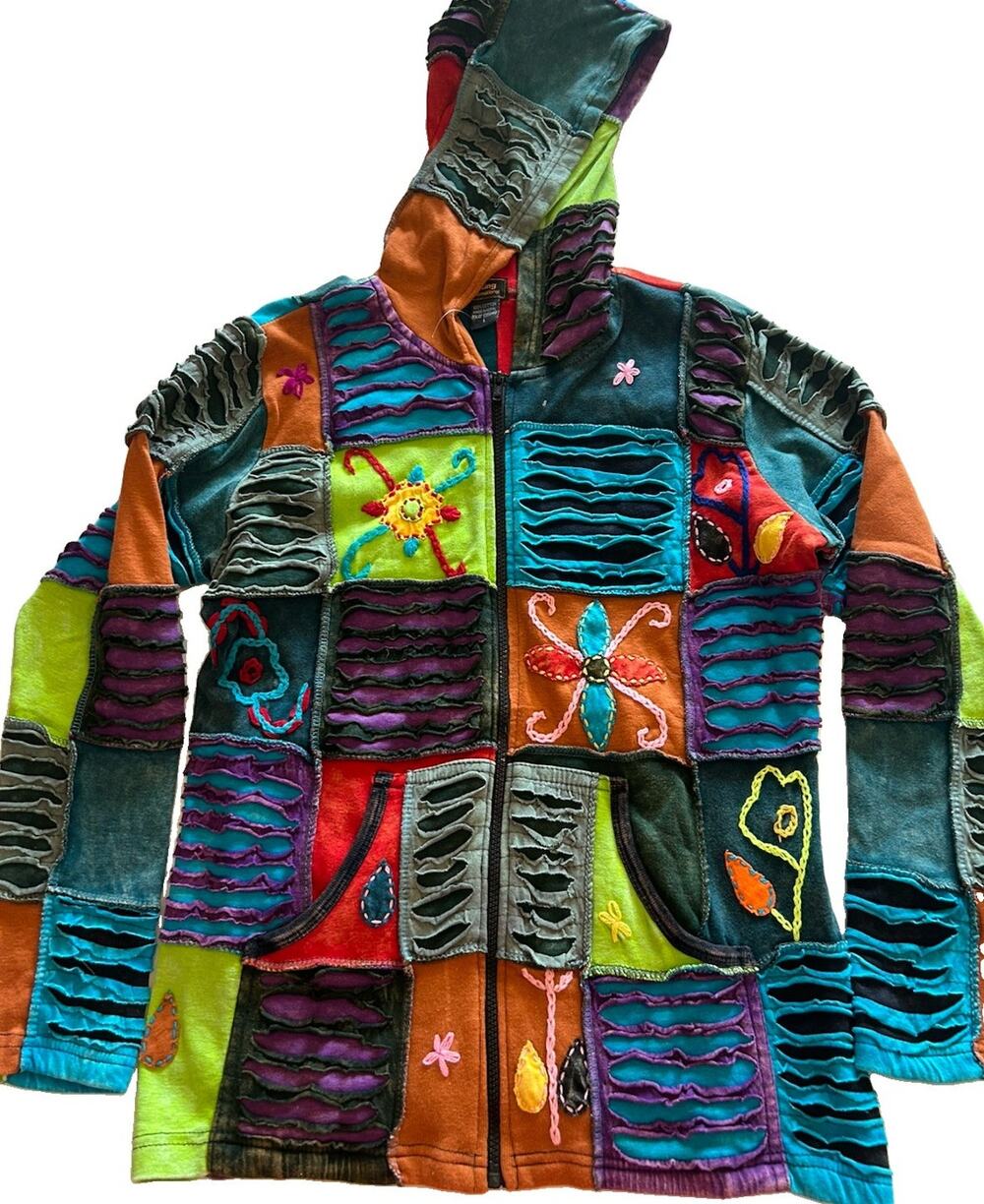 NWOT Rising International Patchwork Zip Hoodie Womens Sz Large Boho Embroidered